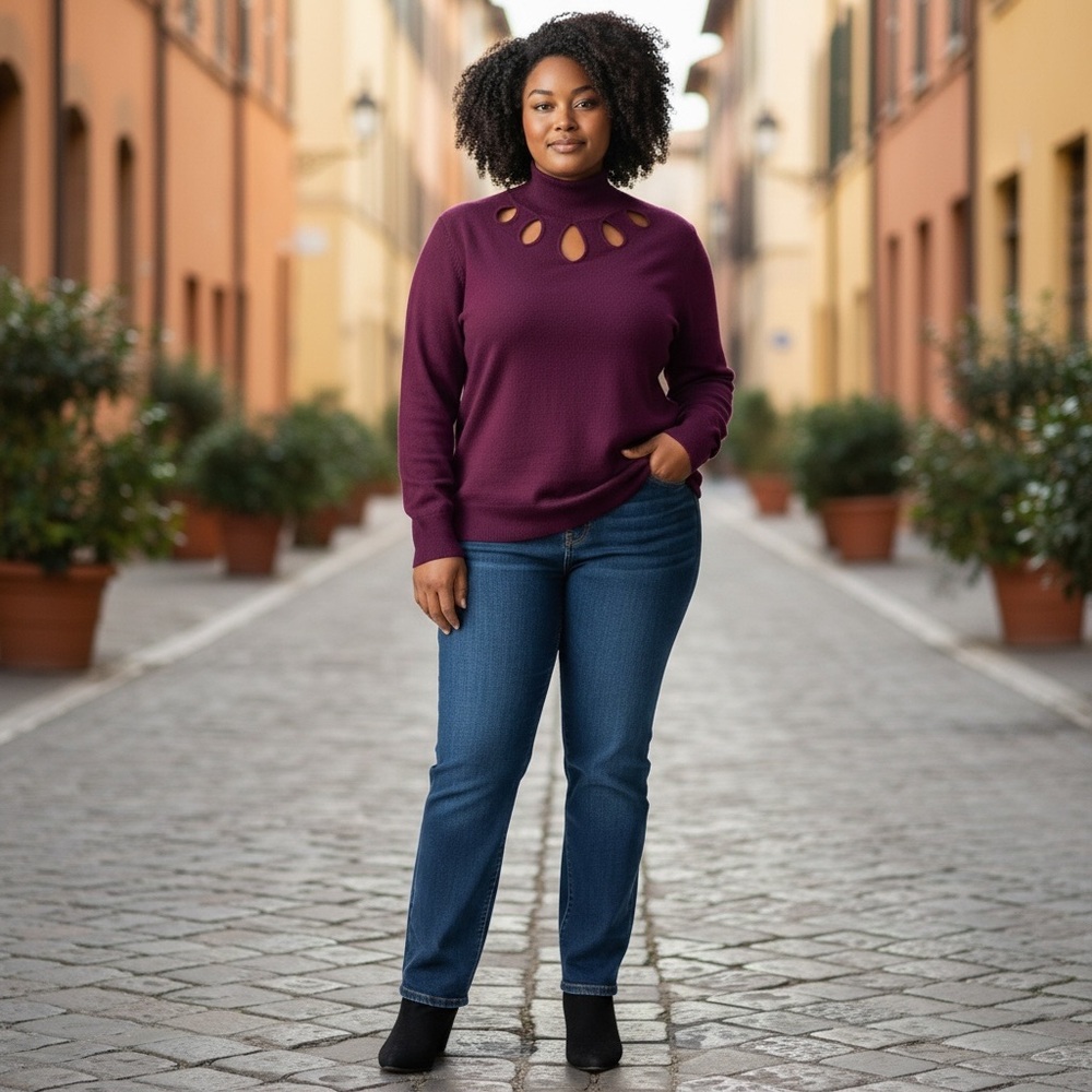 CABLE & GAUGE sz Medium Mock Turtleneck with Cut Outs Long Sleeve Fuchsia Purple